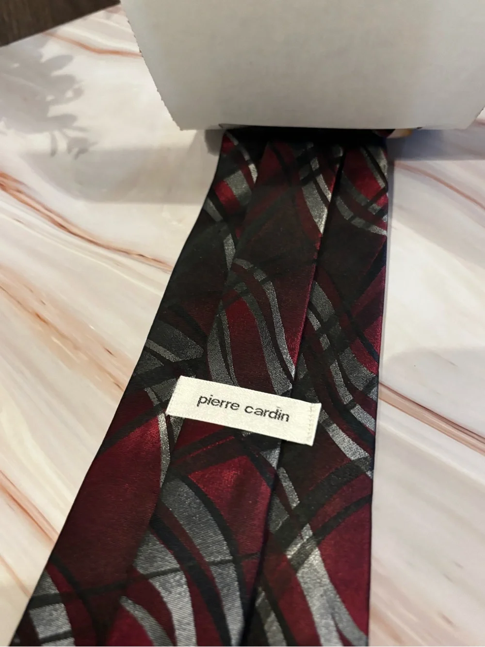 Pierre Cardin Maroon Tie with Silver and Black Wave Pattern